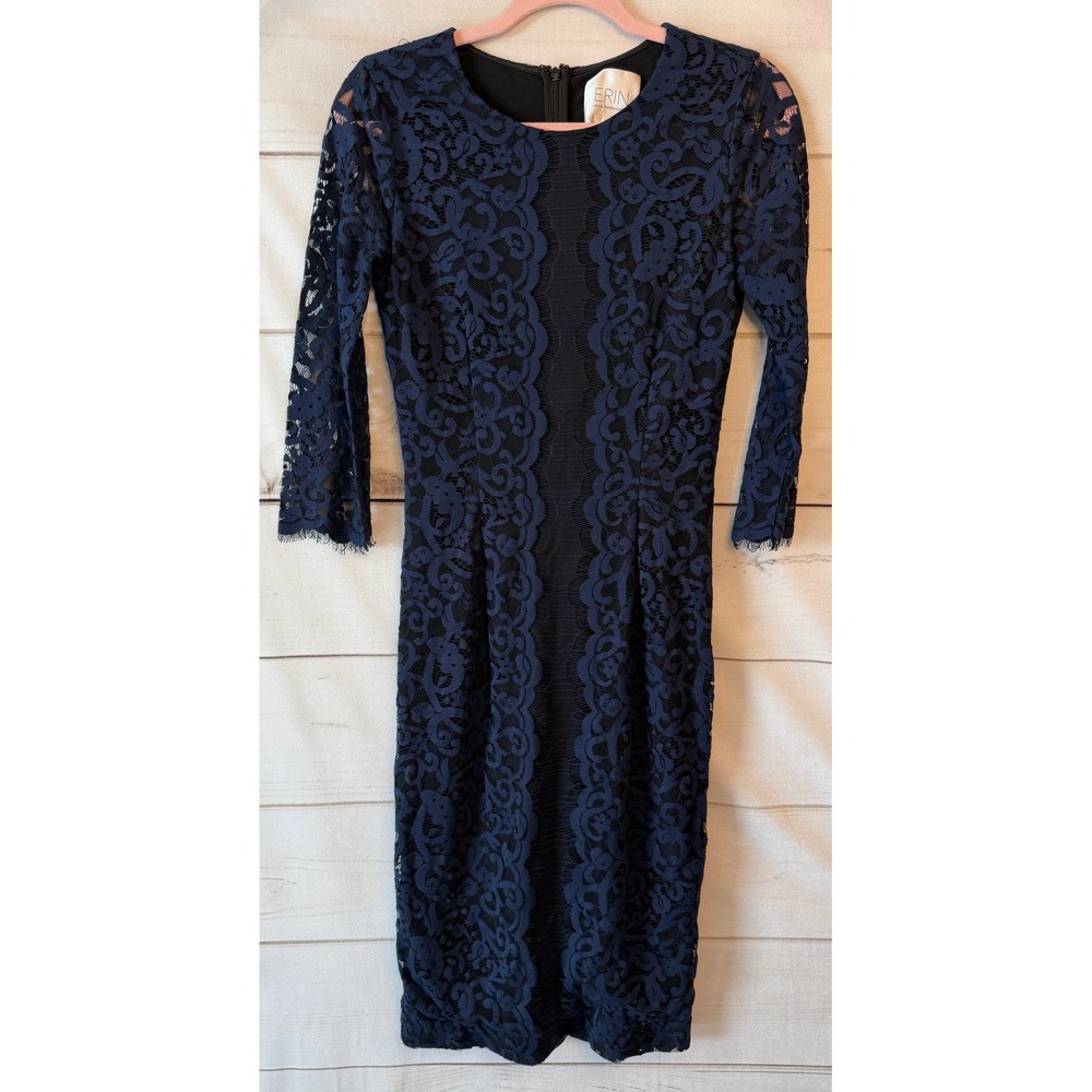 Erin Fetherston Navy Blue Black Lace Sheath Dress 3/4 Sleeve Size 2 E51216785760